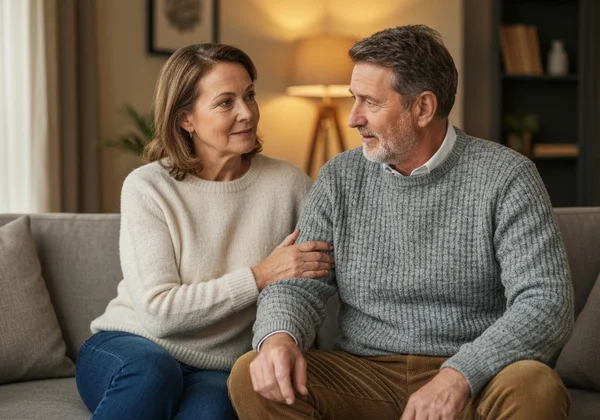 Couple discussing, one looking sensitive to words spoken.