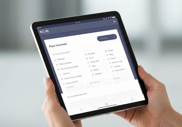 Hand holding a tablet with SCL-90 psychology test questions.