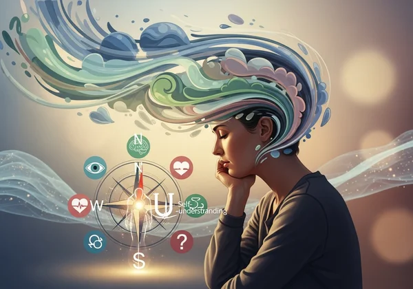 一个正在沉思的人，由心理罗盘引导以获得洞察力