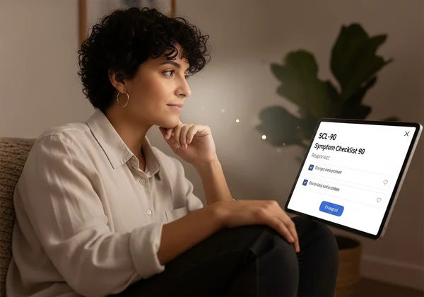 Person taking an online SCL-90 test for self-discovery
